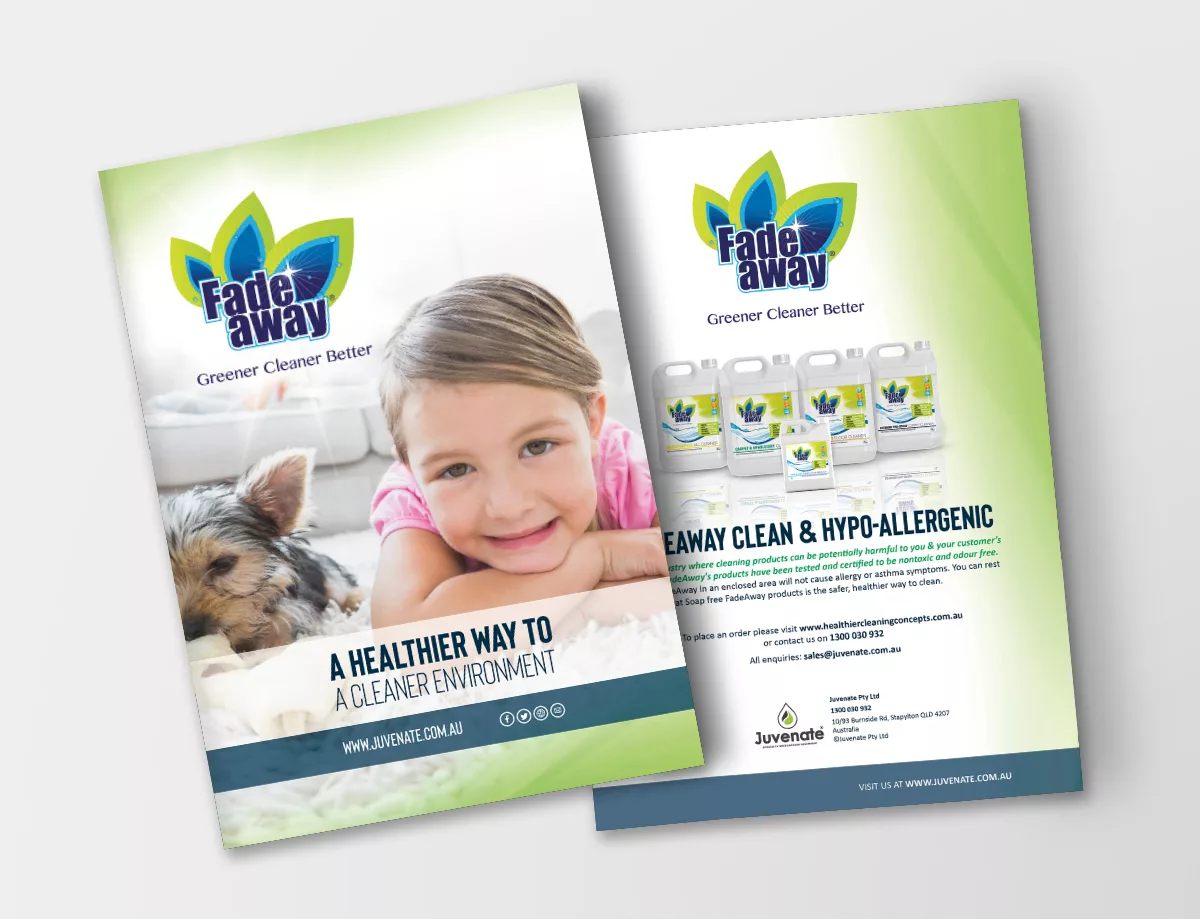 Mockup of a brochure listing hypoallergenic friendly products Juvenaire uses.