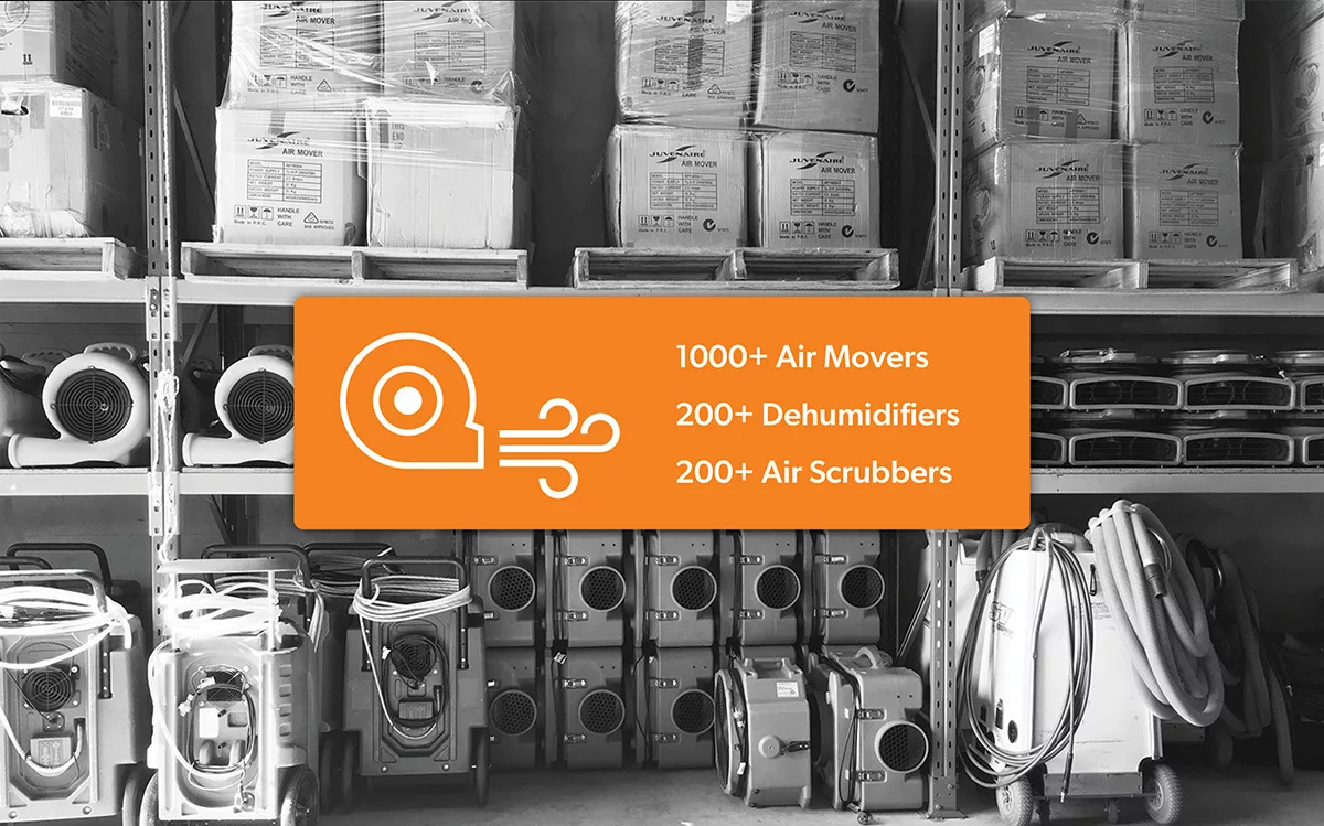 Part of Juvenaire's warehouse, over 1000 Air movers, over 200 Dehumidifiers, over 200 Air scrubbers.